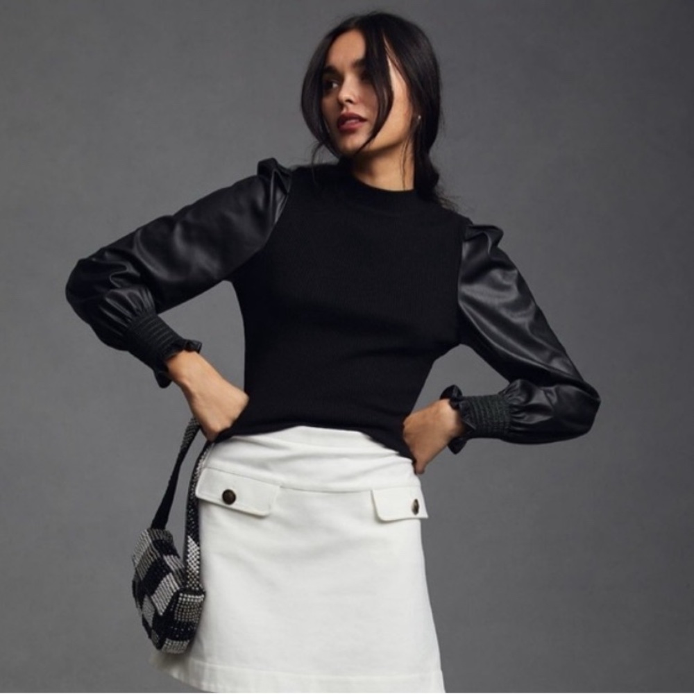 Anthropologie DOLAN Black Faux Leather Puff Sleeve Knit Top XXS